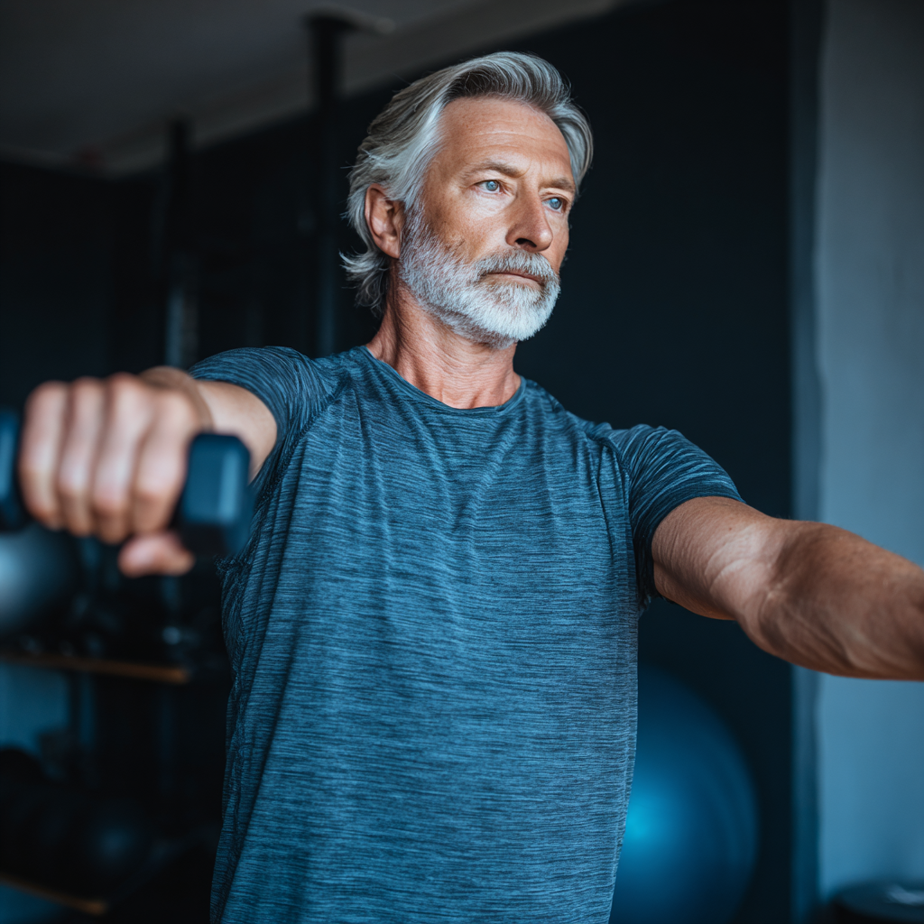 mature professional man performing controlled movement exercise